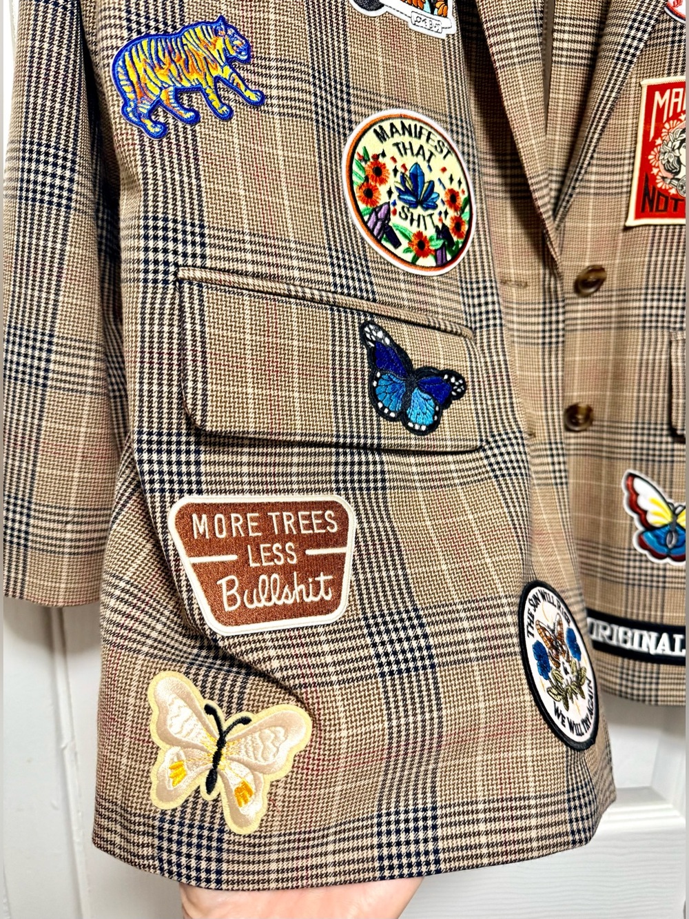 Upcycled Old Navy Plaid Blazer with Colorful Embroidered Patches - Picture 4 of 13